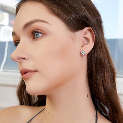 18K White Gold Plated Round Square Cubic Zirconia Simulated Diamond Halo Stud Earrings 2 pairs Set - color: White Gold
