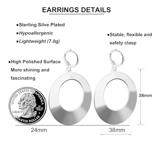 Dangle Hoop Earrings for Women,14k Gold/Silver Plated Geometric Hoops Earrings with High Polished Surface,Hypoallergenic Huggie Drop & Dangle earrings for Women - color: Round-Silver