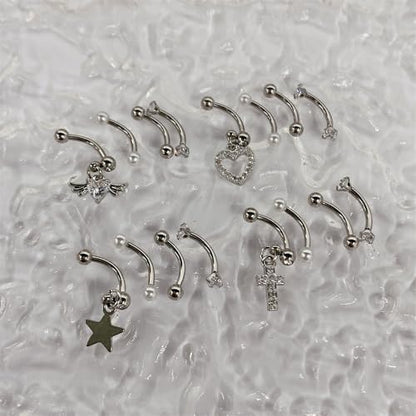 4Pcs 16G Stainless Steel Eyebrow Ring for Women Rhinestone Heart Star Wing Cross Pearl Curved Barbell Tiny Eyebrow Ring Rook Cartilage Piercing Jewelry - style: Wing