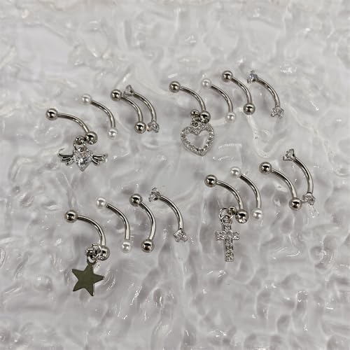 4Pcs 16G Stainless Steel Eyebrow Ring for Women Rhinestone Heart Star Wing Cross Pearl Curved Barbell Tiny Eyebrow Ring Rook Cartilage Piercing Jewelry - style: Cross