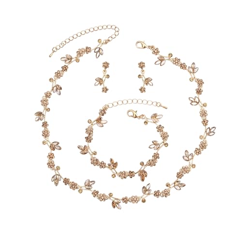 Brides Bridesmaid Flower Leaf Choker Necklace Dangle Earrings Link Bracelet Austrian Crystal Wedding Jewelry Set for Prom Costume Party Accessories for Woman - color: Champagne-Gold Plated