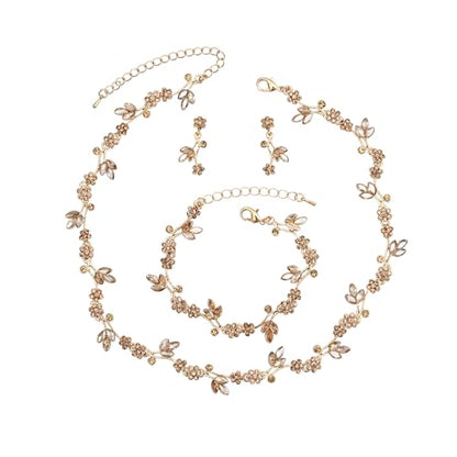 Brides Bridesmaid Flower Leaf Choker Necklace Dangle Earrings Link Bracelet Austrian Crystal Wedding Jewelry Set for Prom Costume Party Accessories for Woman - color: Champagne-Gold Plated