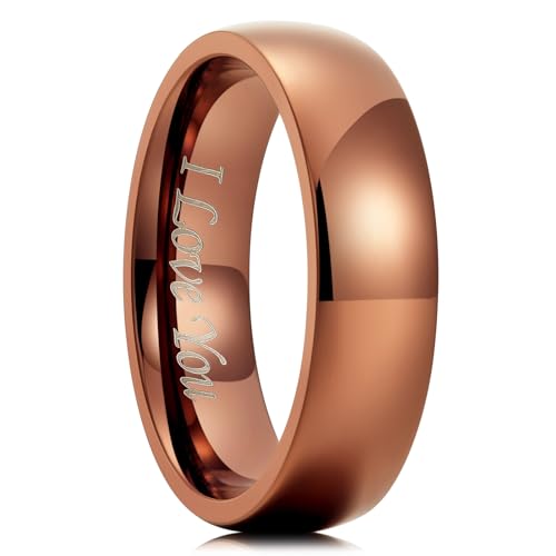 King Will 316L Stainless Steel Wedding Band for Men Women Size 4-15 | 2-8mm Width, Black/Sliver/Gold Plated, Laser I Love You, High Polished, Dome Style, Promise Ring Comfort Fit Promise Gift - color: F-Brown-6mm