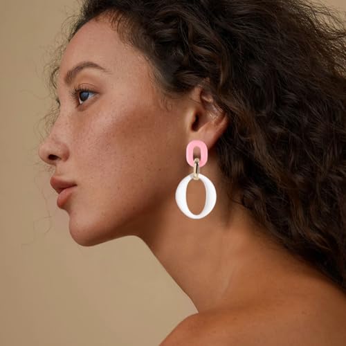 Geometric Square Earrings for Women Lightweight Colorful Color Block Acrylic Chunky Geometric Rectangle Oval Link Chain Statement Earring - style: White Pink -O