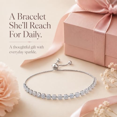 LeCalla 925 Sterling Silver Sliding Bolo Bracelet | Adjustable Beaded Tennis Bracelets for Women | Adjustable Slider Bolo Bracelets Gifts for Her - color: Flower Shaped CZ