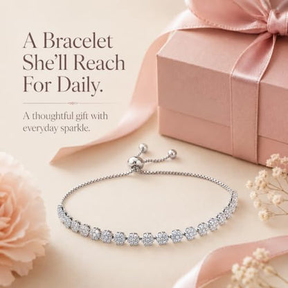 LeCalla 925 Sterling Silver Sliding Bolo Bracelet | Adjustable Beaded Tennis Bracelets for Women | Adjustable Slider Bolo Bracelets Gifts for Her - color: Flower Shaped CZ