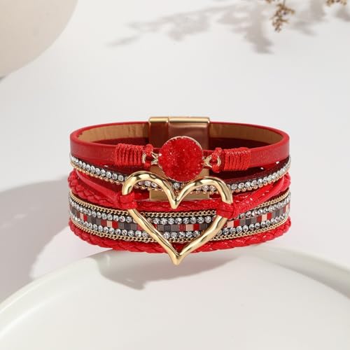 Multilayer Faux Leather Wrap Bracelet with Open Heart Charm Bohemian Stackable Crystal Clasp Bracelet for Women Birthday Gift - color: Red