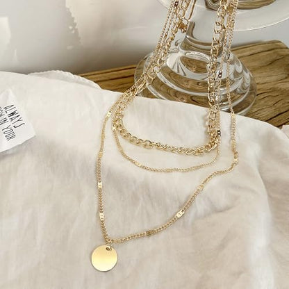 3Pcs Gold Circle Pendant Necklace Set Dainty Layered Stacked Pearls Chain Choker Necklace Trendy Birthday Jewelry Accessory Gift for Women - color: Gold Coin