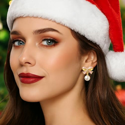 Gold Bow Earrings for Women, Long Tassel Chain Drop Earrings, Trendy Small Bow Earrings, Ribbon Waterfall Dangling Earrings, Pearl Bow Earrings, Sparkly Elegant Bowknot Preppy Jewelry Gifts for Women - color: Pink Bow-K