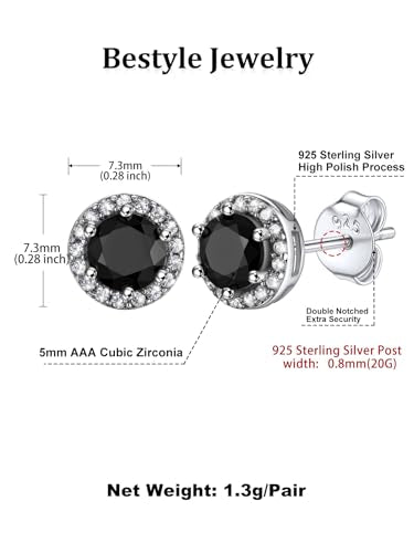 Bestyle Sparkling 925 Sterling Silver Birthstone Stud Earrings for Women, Heart/Round/Teardrop/Square Solitaire Diamond Studs Earrings, Great Birthday/Christmas Gifts - style: 00. Black Onyx-round