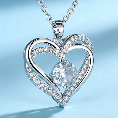 Silver Jewelry Set, Heart-shaped Necklace and Earrings Set, White Gold Plated with Cubic Zirconia, Double Heart Pendant, Women's Fashion Jewelry Set, Gift for Her