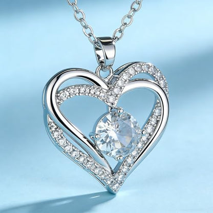 Silver Jewelry Set, Heart-shaped Necklace and Earrings Set, White Gold Plated with Cubic Zirconia, Double Heart Pendant, Women's Fashion Jewelry Set, Gift for Her