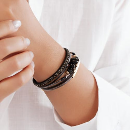 Boho Gemstone Beaded Leather Wrap Bracelets Stackable Chunky Cuff Bracelet Western Jewelry Cowboy Chic Country Concert Outfits for Women - color: Black