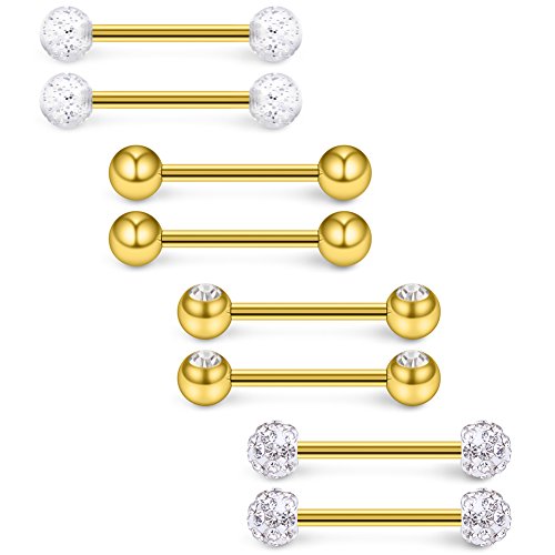 14G 9/16Inch Crystal Ball Nipple Tongue Shield Ring Barbell Body Piercing Jewelry Retainer 8-14PCS - color: 8PCS - Gold