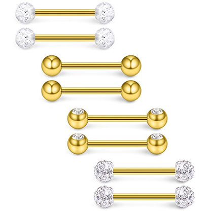 14G 9/16Inch Crystal Ball Nipple Tongue Shield Ring Barbell Body Piercing Jewelry Retainer 8-14PCS - color: 8PCS - Gold