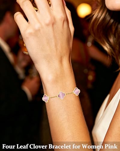 Four Leaf Clover Bracelet for Women 18K Gold Plated Stainless Steel 4 Leaf Link Chain Adjustable Bracelets Lucky Gift for Women/White/Black/Rich Red/Emerald Green/ Navy Blue/Pink Bracelets - color: Pink/Gold