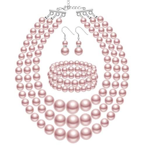 Haysandy Pearl Jewelry Set for Women 20s Jewelry Gift | Retro Layered Necklace Bracelet Earring, Costume Accessories for Derby Wedding Prom Party, Dress Matching Occasions - color: Light Pink