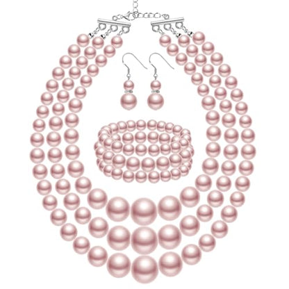 Haysandy Pearl Jewelry Set for Women 20s Jewelry Gift | Retro Layered Necklace Bracelet Earring, Costume Accessories for Derby Wedding Prom Party, Dress Matching Occasions - color: Light Pink