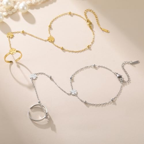 UNIFT Hand Chain Bracelets for Women Set Stainless Steel Adjustable Heart or Four-Leaf Clover Ring Chain Bracelet Trendy Dainty Jewelry Set Gifts - color: gold2
