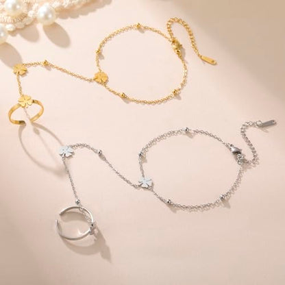UNIFT Hand Chain Bracelets for Women Set Stainless Steel Adjustable Heart or Four-Leaf Clover Ring Chain Bracelet Trendy Dainty Jewelry Set Gifts - color: gold2