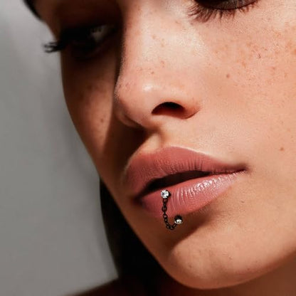 3 Pcs 316L Stainless Steel 16G Tragus Helix Rook Piercing Jewelry with Chain, Cartilage Earrings for Women, Belly Button Ring Vertical Labret Lip Piercing Jewelry - color: Black, size: Prong Setting
