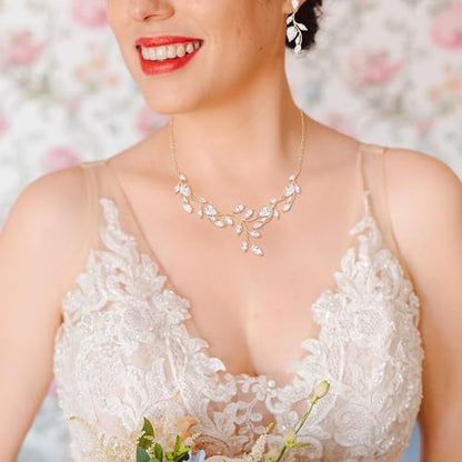 Crysdue Women's Wedding Bridal Jewelry Set for Brides Bridesmaids Cubic Zirconia Flower Leaf Vine Necklace Dangle Earrings for Prom Party - style: 24-silver