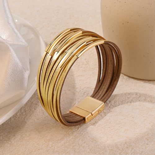 Wrapped Bracelets for Women,Leather Boho Bracelets for Women - color: Leather-Golden