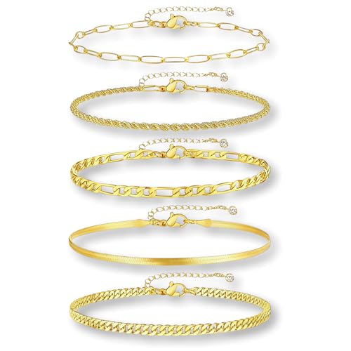 5PCS 14K Gold Plated Ankle Bracelets Set for Women Men,Waterproof Adjustable Anklets for Summer Beach,Layered Paperclip Beaded Cuban Herringbone Link Chain,Jewelry Accessory for Couples Wife GF BF Holiday Gifts - color: Gold - D