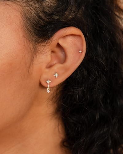 3 Pairs Earring Stacks, Gold Earring Set Jewelry Gift for Women | Small, 14K Gold/White Gold/Black/Rose Gold Plated, Hypoallergenic, Her, Everday, Stackable, Simple, 3 Holes - color: Gold-North Star