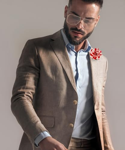 Premium Men's Formal Striped Flower Lapel Pin - Boutonniere for Men, Flower Brooch Pin - color: Red/White
