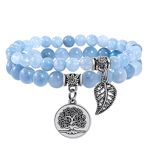 Bivei Natural Semi Precious Gemstone beads bracelet for women - Life Tree and Leaf Charm Energy Reiki Crystal Stretch Bracelets - color: Aquamarine Bracelets Set, size: Medium:6.8-7.24inch