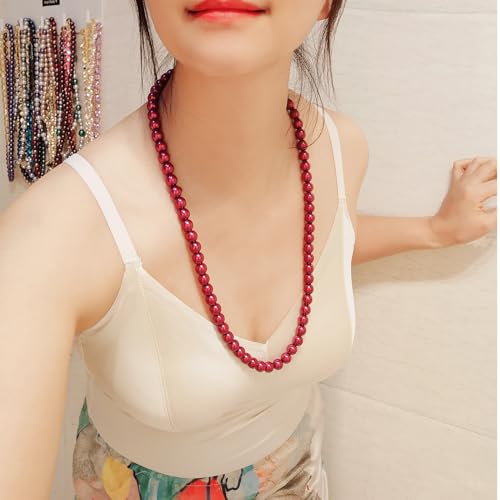 Long Simulated 10mm AAA Pearl Strand Necklace for Women Multicolor Pearl Choker Necklace 1920s Pearl Statement Necklace Costume Jewelry - color: 10mm Burgandy 24 Inches