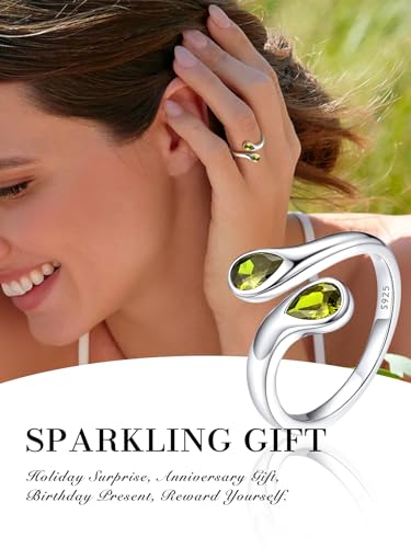 Bestyle Silver Birthstone Ring for Women, Dainty Sterling Silver Teardrop Ring Open Adjustable Band Ring, Love Statement TOI et Moi Ring Promise Ring for Her - color: 08.August ( Peridot)