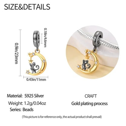 14K Gold Plated Charms for Bracelets Necklace Star Moon Cross Beads Woman | 925 Sterling Silver Charms Butterfly Cute Cat Dog Evil Eye Lucky Bracelet Beads Aesthetic Peandant Jewelry Gift for Mom - color: Cat under the moon charm