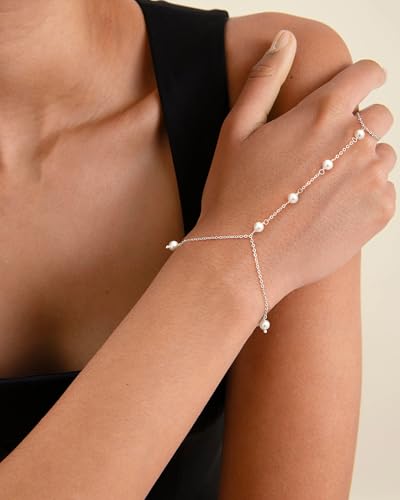 Gold Pearl Hand Chain Bracelet for Women, Adjustable Ring Chain | 14K gold-plated hand chain with pearl accents, adjustable for weddings, parties, birthdays, and daily wear - color: Pearl Chain Bracelet-SL