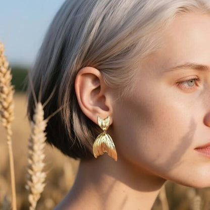Large Geometric Drop Dangle Earrings for Women Pearl Teardrop Disc Rectangle Oval Fishtail Shell Shaped Textured Dangle Studs Earrings for Women - color: Gold-Fishtail