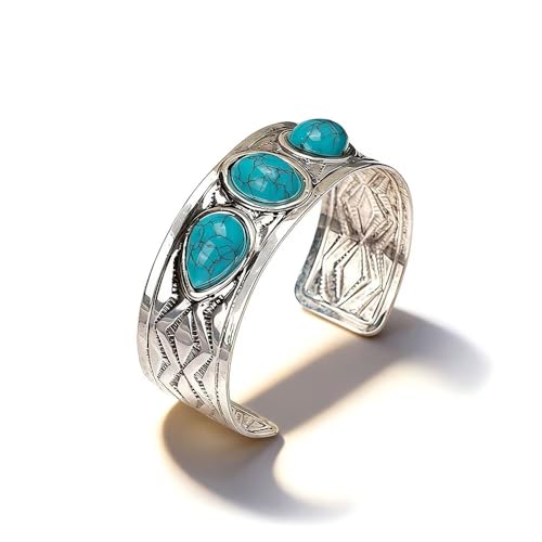 Western Cuff Bracelet for Women Vintage Chunky Turquoise Bangle Bracelet Boho Country Concert Outfits Stackable Wide Cowboy Jewelry - color: Big Turquoise