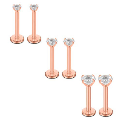 SCERRING 16G Lip Rings Clear CZ Labret Monroe Lip Ring Tragus Nail Helix Earring Stud Piercing Jewelry Bar Length 6mm 8mm 10mm - style: 6PCS - 6mm Rose Gold