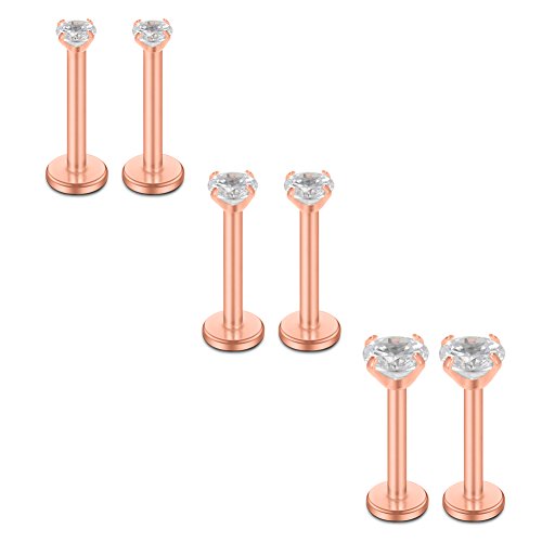 SCERRING 16G Lip Rings Clear CZ Labret Monroe Lip Ring Tragus Nail Helix Earring Stud Piercing Jewelry Bar Length 6mm 8mm 10mm - style: 6PCS - 6mm Rose Gold