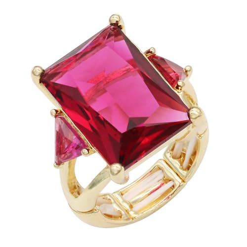 Lavencious Big Bold Radiant CZ Stones Stretch Rings for Women Size for 7-9 - color: Fuchsia