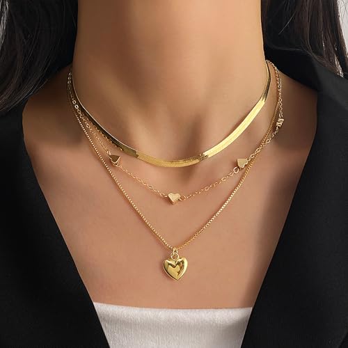 Gold Layered Necklaces for Women Chunky Stacked Necklaces for Women Trendy Retro Coin Pendant Necklace Womens Multilayer Chain Necklaces Fashion Jewelry Gifts - style: golden heart