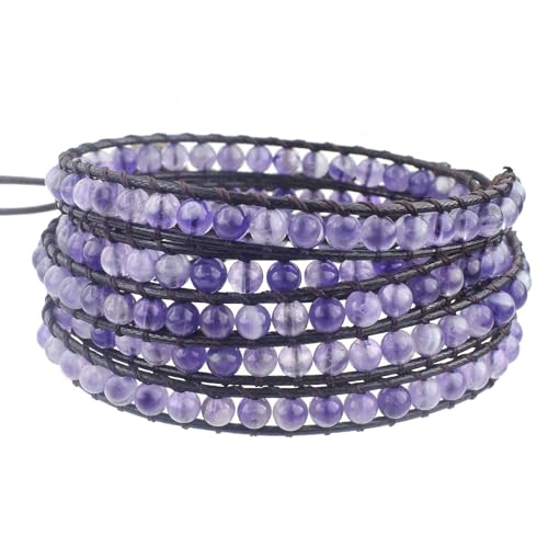 Genuine Stone Wrap Bracelets for Women Natural Crystal Beaded Wrap Bracelet 2/3/5 Adjustable Bohemian Bracelets Jewelry Gifts for Women Mom - color: amethyst(5 wraps)