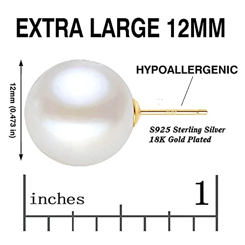 18K Gold Plated 925 Sterling Silver Shell Pearl Stud Earrings,Hypoallergenic to Sensitive Ears - style: D_L - 12mm