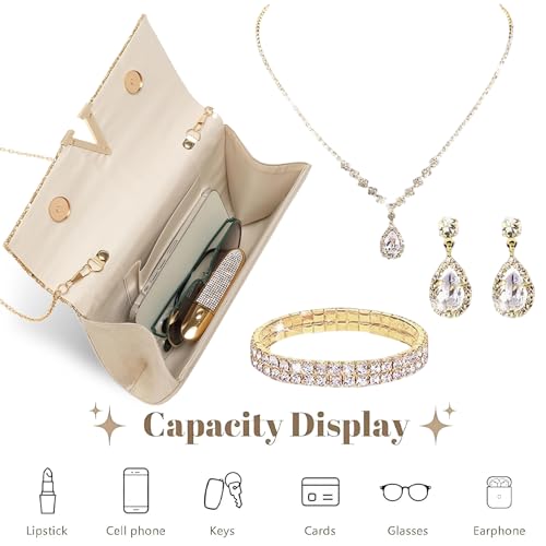 YYW 4 Pieces Women Evening Handbags Clutch Purse Bag with Rhinestone Crystal Jewelry Set for Wedding Party - color: gold 1