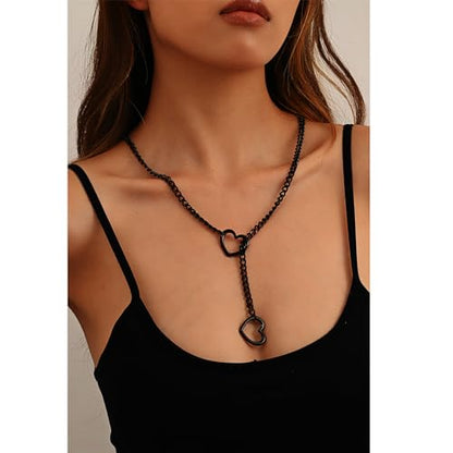 Heart O-ring Slip Chain Necklace For Women Handmade Punk Heart Slip Chain Choker Necklace Stainless Steel Cuban Chain Necklace Punk Rock Collar Necklace Adjustable Lariat Y Necklace ﻿ - color: Black