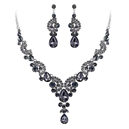 EVER FAITH Rhinestone Crystal Bridal Floral Wave Teardrop Necklace Earrings Set - color: 2pcs_Grey