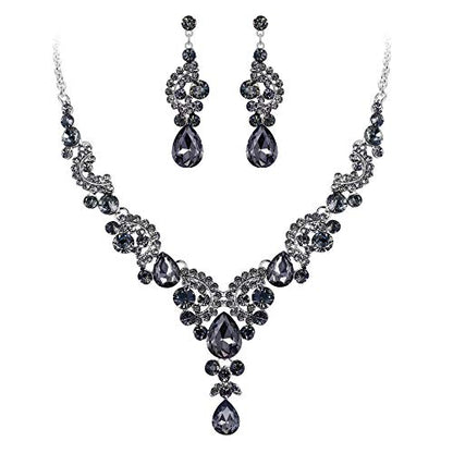 EVER FAITH Rhinestone Crystal Bridal Floral Wave Teardrop Necklace Earrings Set - color: 2pcs_Grey