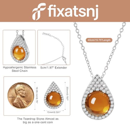 Women Trendy Faux Crystal Pendant Necklace 18K Gold/Silver Plated | CZ Halo Teardrop Drop Pendant Necklace Lightweight Fashion Jewelry Set Stackable For Wedding Daily Wear - color: Amber