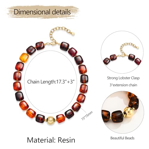 Chunky Colorful Beaded Choker Necklace for Women, Summer Beach Statement Resin Beads Necklace, Trendy Womens Summer Beach Jewelry Birthday Gifts for Vacation Holiday - color: Square Brown Bead