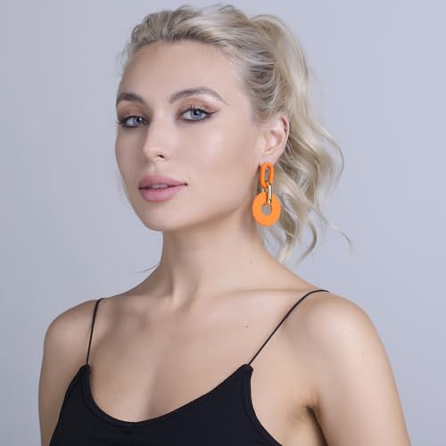 RUOFFETA Acrylic Rectangle Earrings, Fashion Acrylic Square/Oval/Hoop Statement Drop Earrings for Women - color: Orange Round
